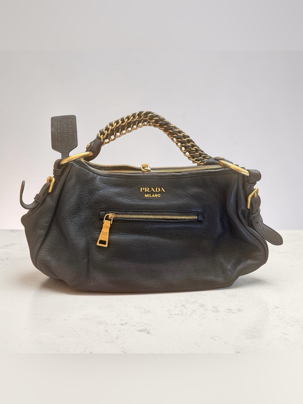 Prada Black Leather Shoulder Bag with Gold Chain Handle